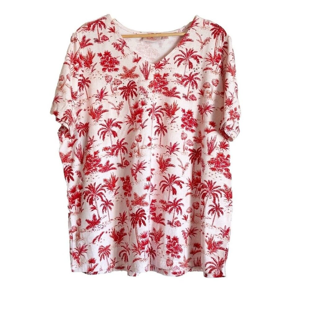 Quacker Factory Womens White Pink Rhinestone Palm Oasis Top 2X Tropical Vacation